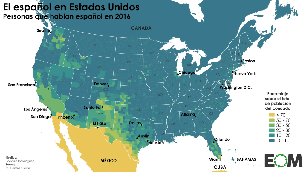 El idioma español está muy presente en los Estados Unidos de Norteamérica desde los primeros tiempos de la Conquista. Foto (cc): Joaquín Domínguez, en: https://elordenmundial.com
