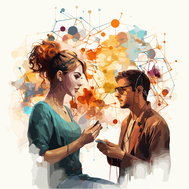 Ilustración de una mujer y un hombre conversando, ambos con auriculares, con un fondo colorido que representa la conexión y la comunicación.