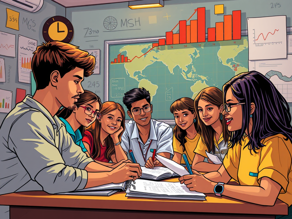 Grupo de estudiantes en un aula discutiendo y colaborando en un proyecto, con gráficos y un mapa en la pared de fondo.