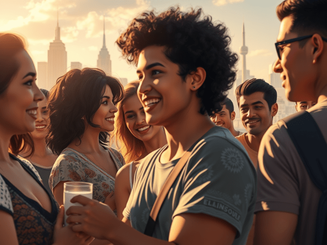 Grupo de personas disfrutando de un evento al aire libre en una ciudad, con un ambiente alegre y edificios icónicos de fondo.