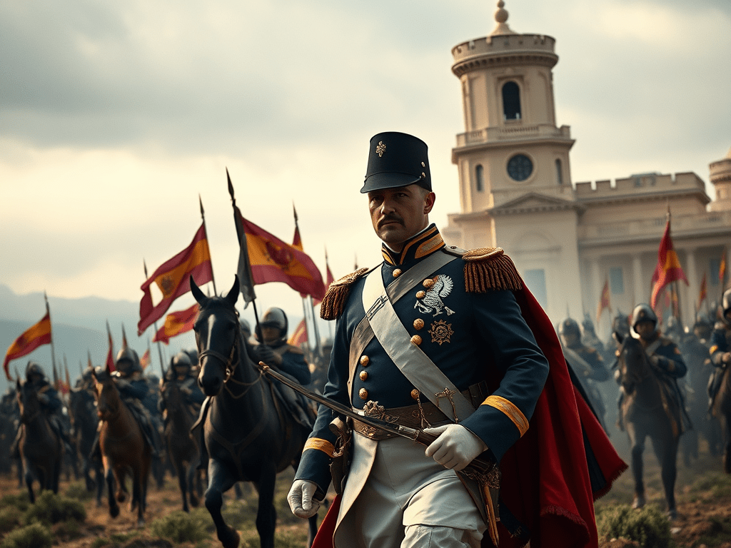 Un militar español en un uniforme histórico avanza con su ejército, que lleva banderas españolas, frente a un edificio gubernamental, bajo un cielo nublado.