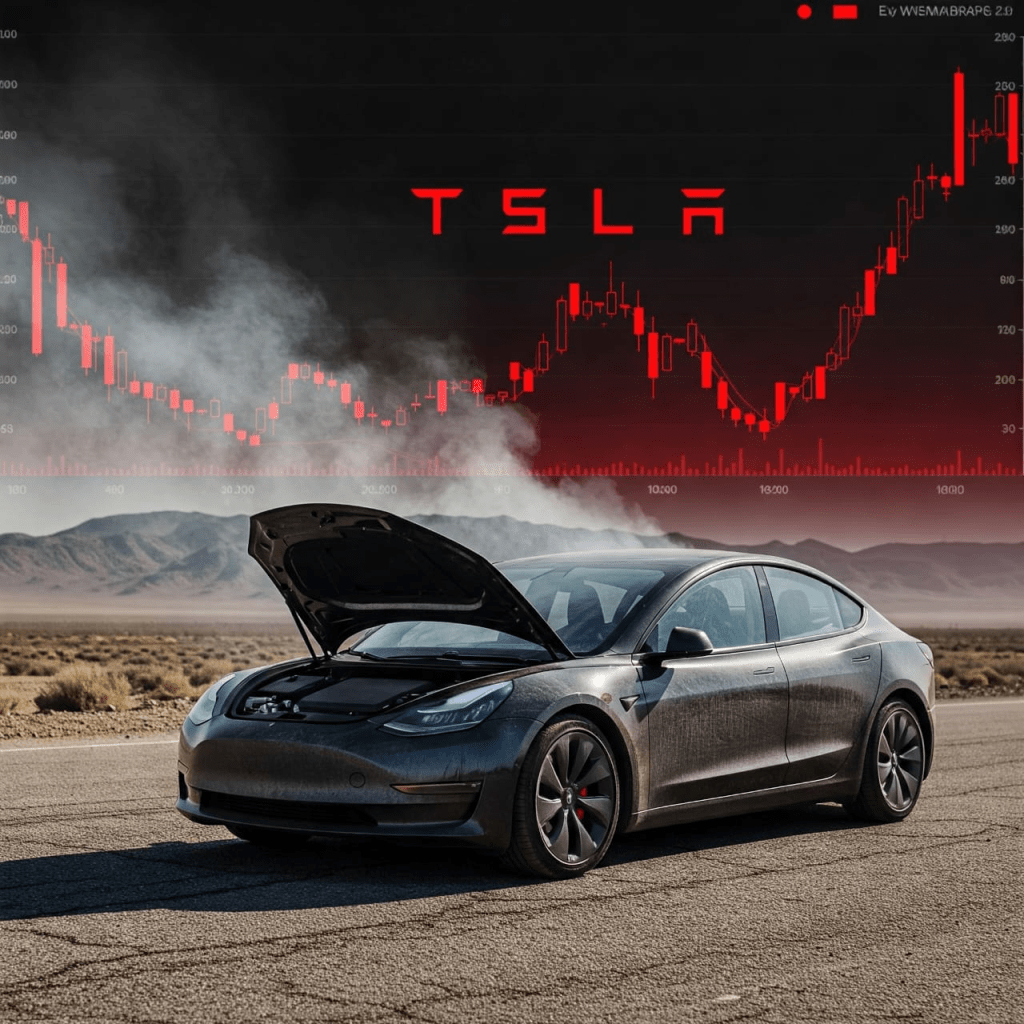 Un automóvil Tesla con el capó abierto en una carretera, con gráficos de mercado y el logotipo 'TSLA' en el fondo.
